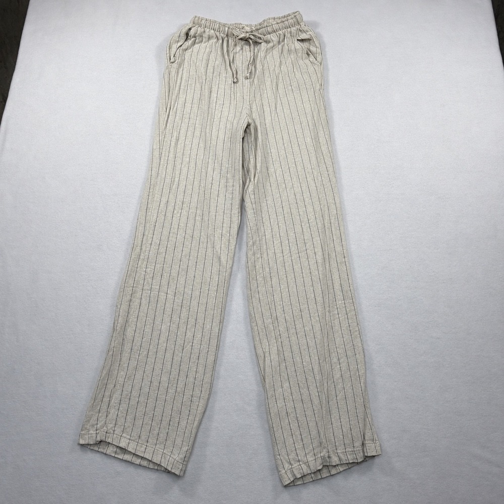 Love Notes Cream Pinstripe Linen Blend Wide Leg Drawstring Pants Small